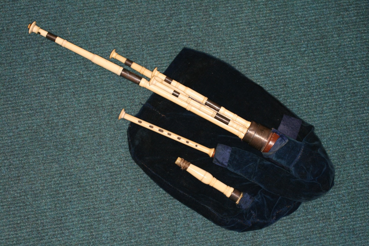 These Northumbrian smallpipes were made by John Dunn, and belonged to Robert Bewick.