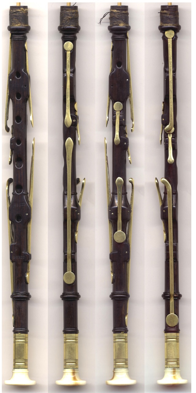 A 7-keyed chanter by Robert Reid. This is a composite image showing all sides of a classic seven-keyed chanter made by Robert Reid, probably about 1820.