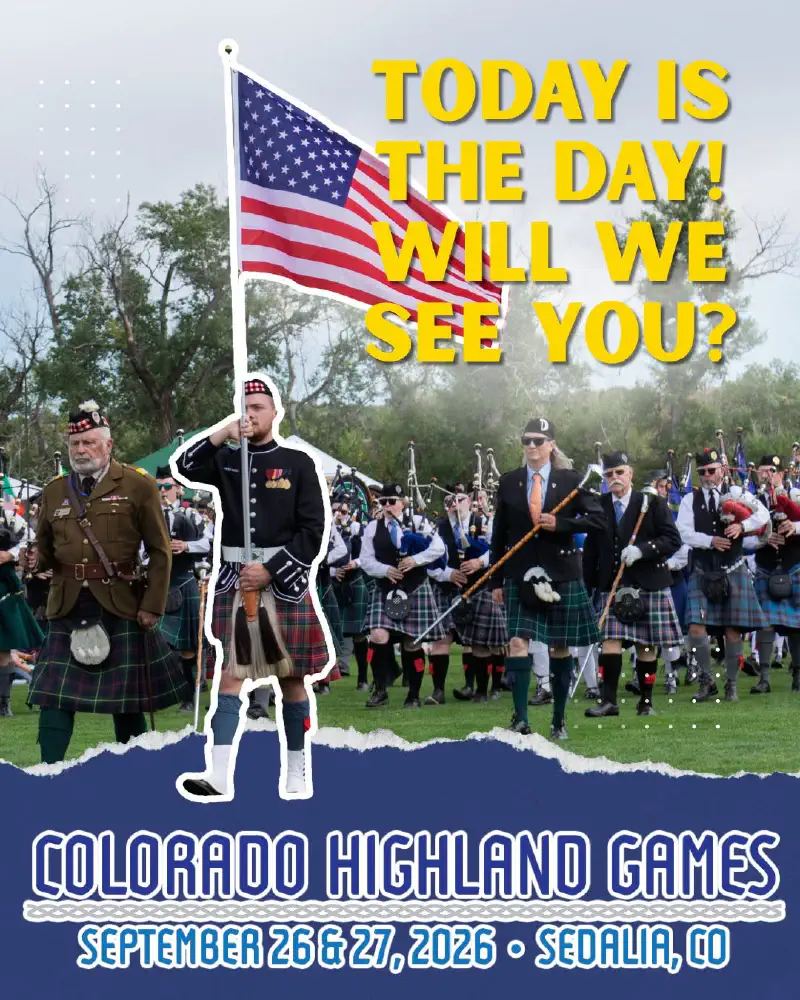Historical Colorado Highland Games artwork showing pipers and a flag bearer, advertising September 26–27, 2026, in Sedalia.