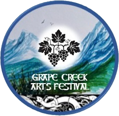 Grape Creek Arts Festival logo with mountains, grapes, and Celtic ornament.