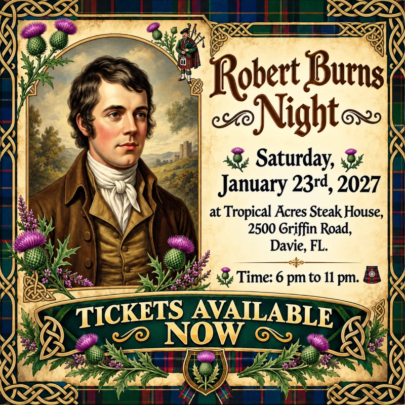 Robert Burns Night poster advertising January 23, 2027, 6–11 pm, at Tropical Acres Steak House, 2500 Griffin Road.