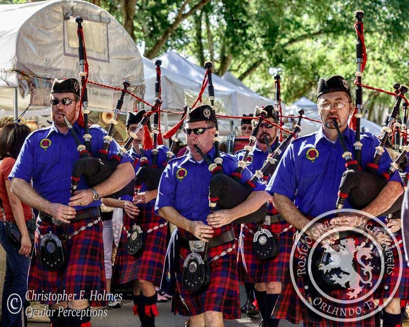 Rosie O’Grady’s Highlanders pipers performing outdoors