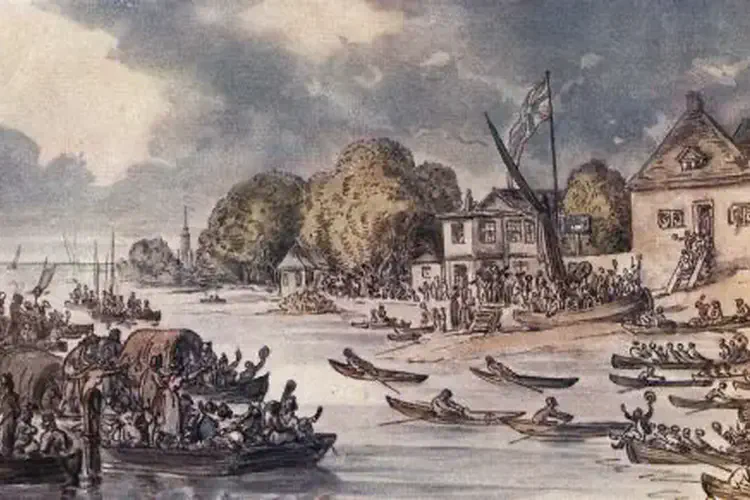 The first Doggett Coat and Badge sculling race takes place on the Thames