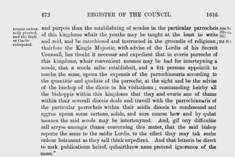 Scottish Privy Council Ordinance establishes parish schools and the abolition of Gaelic