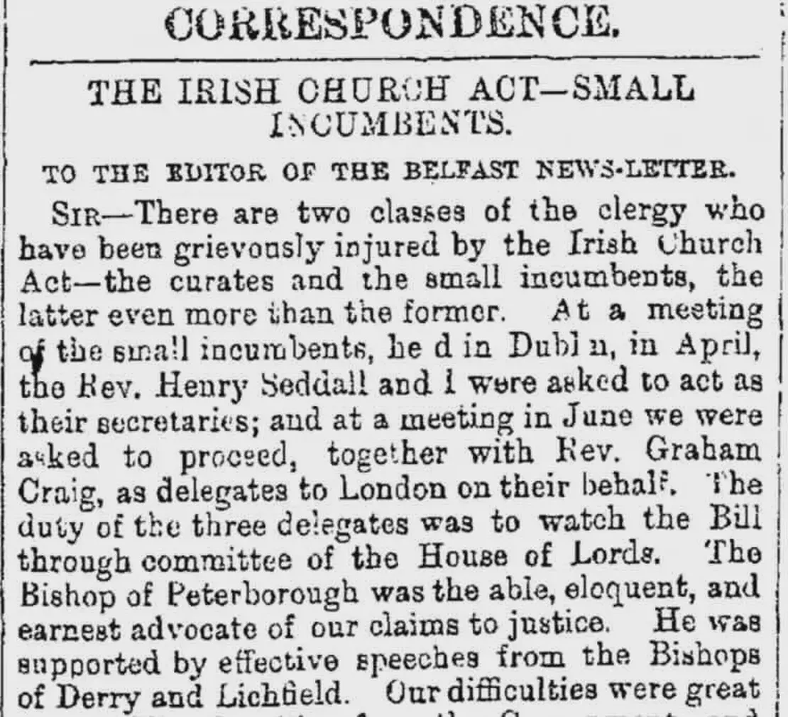 Gladstone's Irish Church Act which disestablishes the Church of Ireland takes effect